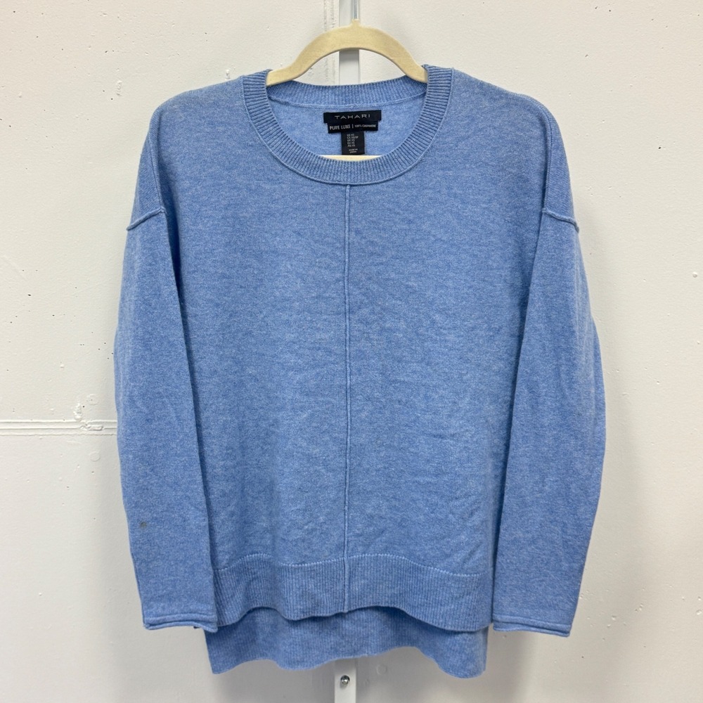 Tahari Pure Luxe 100% Cashmere Sweater Blue Crew Neck High Low XS‎ Minimalist